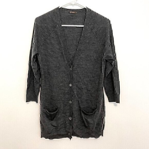 J.MCLAUGHLIN J MCLAUGHLIN Gray V-Neck 3/4 Sleeve MERINO WOOL Cardigan Sweater M - Picture 1 of 11